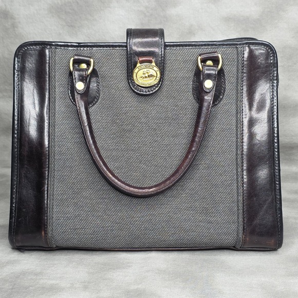 Brahmin Handbags - BRAHMIN Addison Chocolate Twill & Brown Leather Satchel Top Handle Bag Vintage